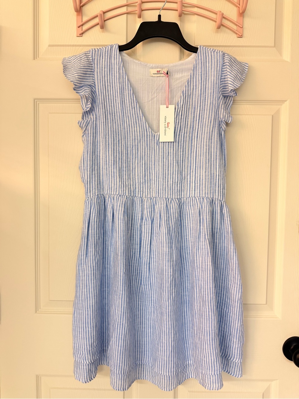 Vineyard Vines Light Blue and White Striped V-Neck Casual Dress